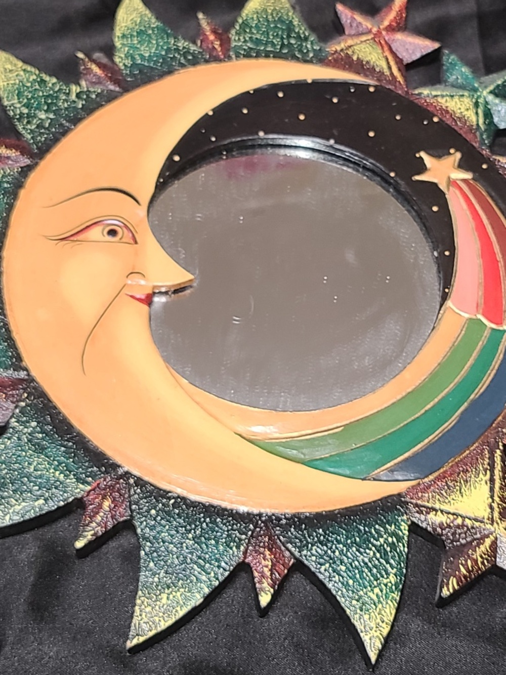 Vintage celestial wall mirror featuring a smiling crescent moon, a shooting star